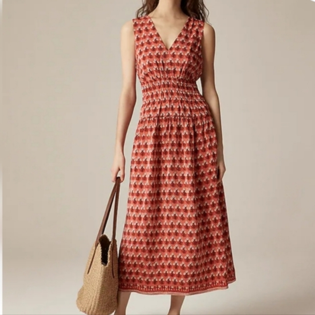 J. Crew Hyacinth Dress In Block-Print Crepe De Chine- Pinks, Ivory, Brown